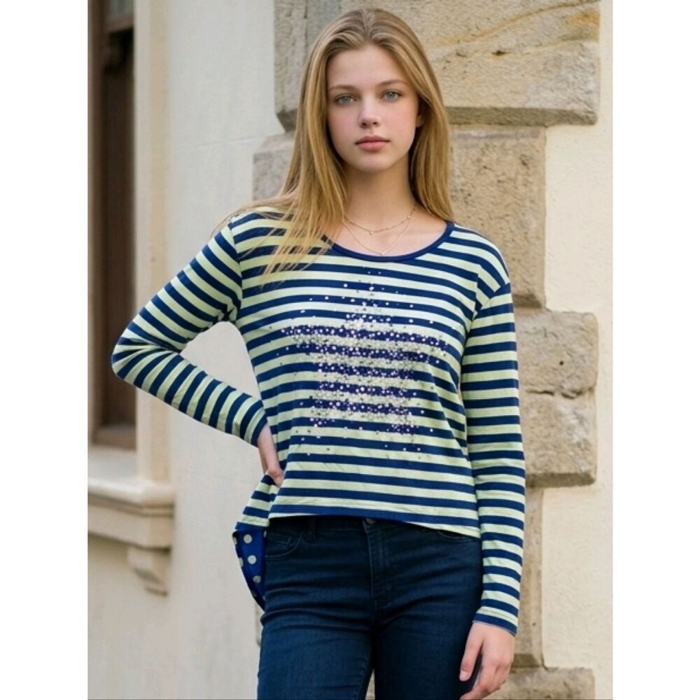 Justice Girls 14 Blue Stripe Yellow Polka Dot Glitter Star Chiffon Tee Knit Top